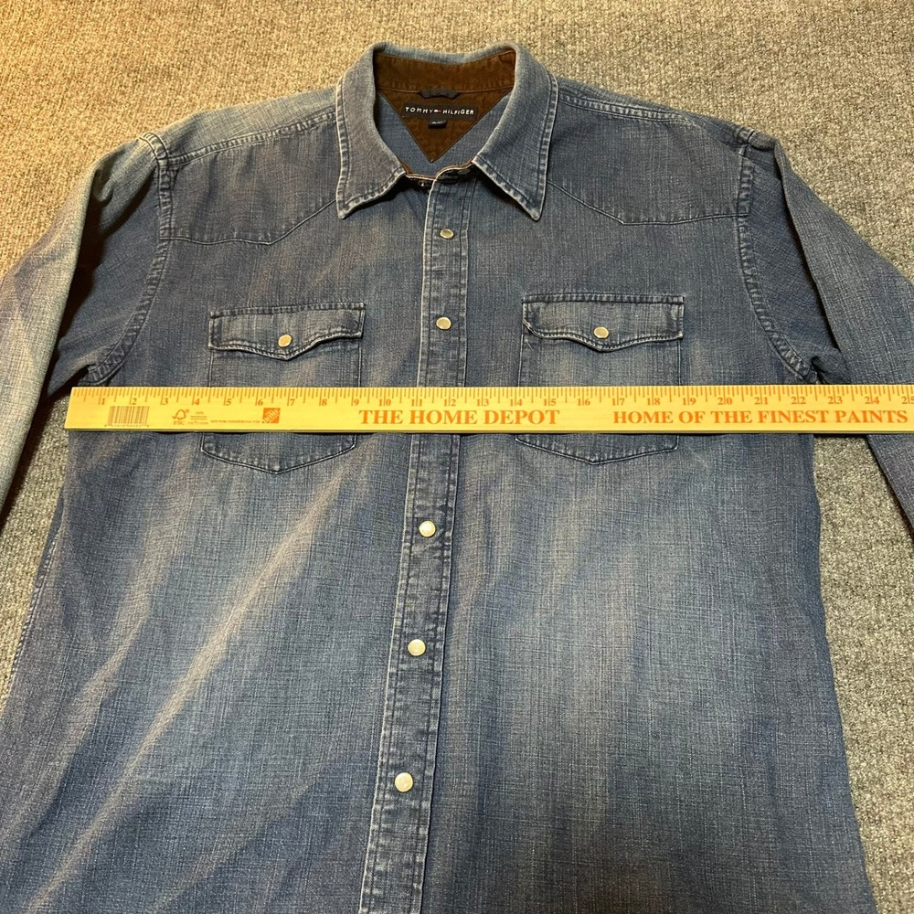 Tommy Hilfiger Mens XL Denim Western Snap Shirt Blue Faded Corduroy Collar - Picture 5 of 6
